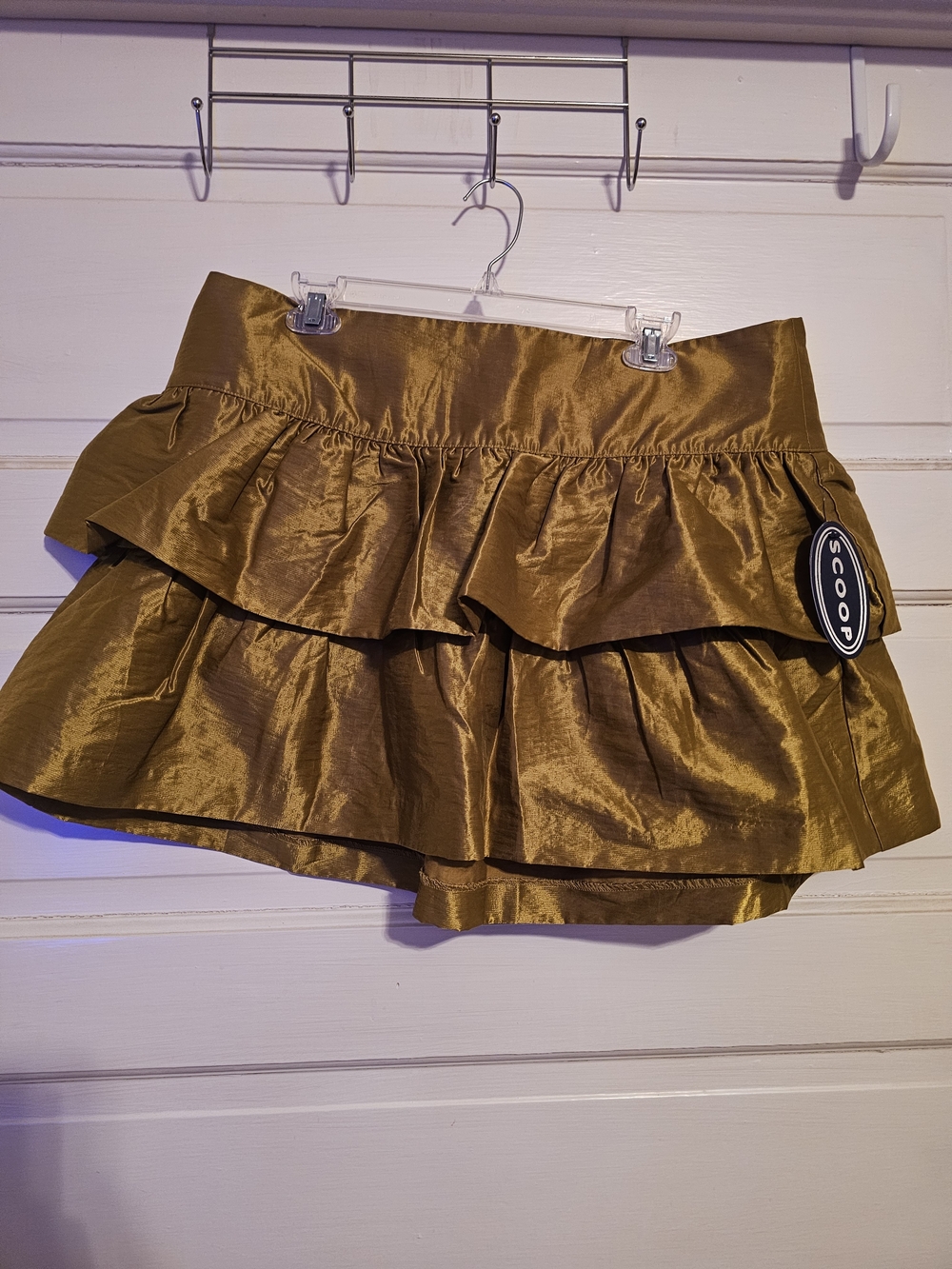 Scoop Tiered Ruffle Mini Skirt Olive Dust Gold Metallic Tafteta Size 16/18 XL